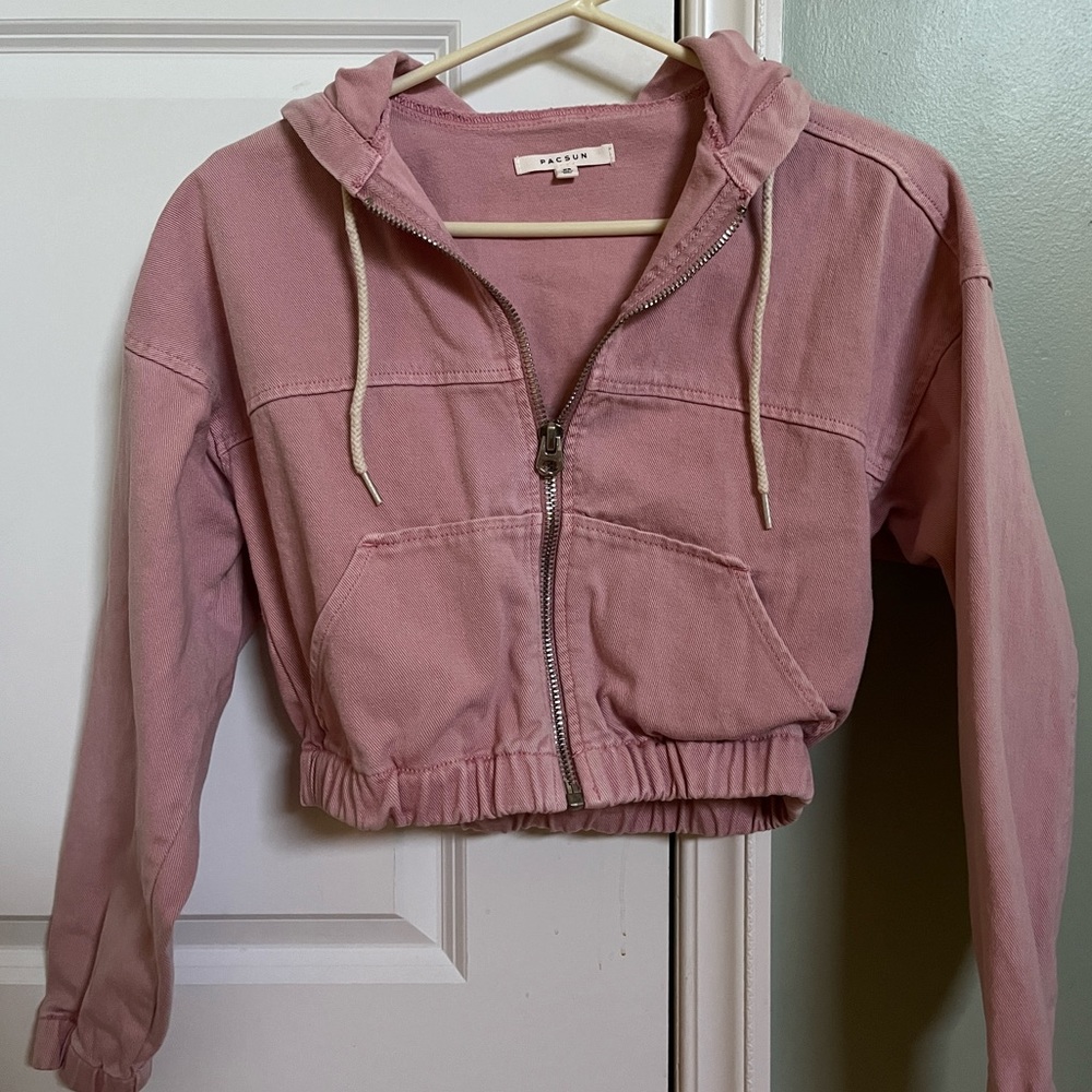 pacsun xs pink cropped zip up drawstring cargo hoodie
